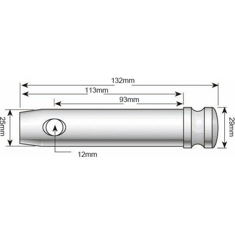 Technical diagram of a cylindrical object with a length of 132mm, featuring width and component measurements: 29mm, 25mm, 113mm, 93mm, and 12mm. This component is comparable to the Top Link Pin (25x95mm Cat. 2) by Sparex (Part No. S.420), commonly used in Massey Ferguson machinery.