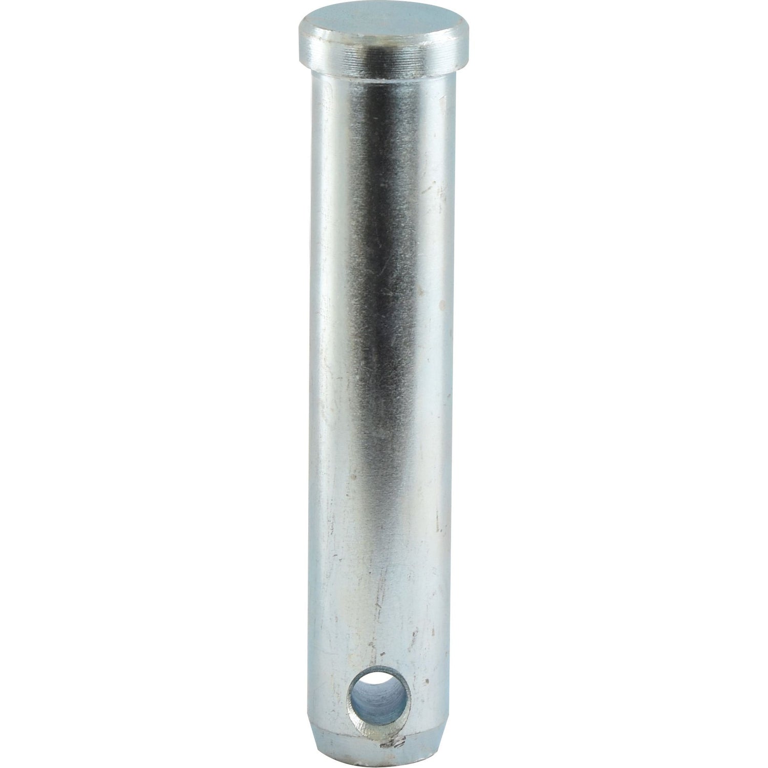The Top link pin 32x141mm Cat. 3 (Sparex Part No. S.12336) from Sparex is a cylindrical metal pin with a flat head, a circular hole near the bottom, and has a diameter of 32mm, designed to meet Sparex standards and is suitable for Ford / New Holland machinery.