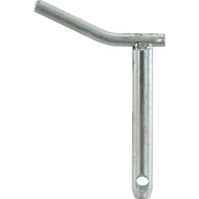 A metal pipe with a bent upper section and two drilled holes, one on the bent end and one at the base, incorporates a Top Link Pin - S.8858 from Sparex for added stability.
