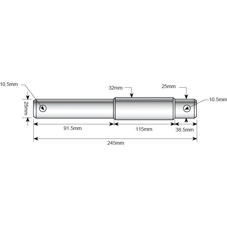 A technical drawing of a Sparex Top Link Pin - Dual Category with the dimensions labeled: 245mm in length, segmented into 91.5mm, 32mm, 115mm, and 38.5mm sections. The diameter segments are labeled as follows: 25mm, 25mm, 10.5mm, and 10.5mm according to the product specifications for Sparex Part No.S.14413 (Cat.2/3).