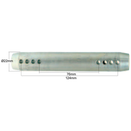 The cylindrical metal component, comparable to a Top link pin - Unilink 22mm Cat. 1 with dimensions of 22mm in diameter and 76mm in length for one section, extending to a total length of 124mm, is available under Sparex's brand with Part No.S.368. It features multiple holes aligned along its side and may be classified under Tariff Code 7319909000.