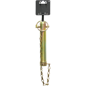 A Top Link Pin - S.905361 from Sparex, featuring a yellow finish, locking bracket, chain, and keyhole, serves as an excellent alternative to 5361.