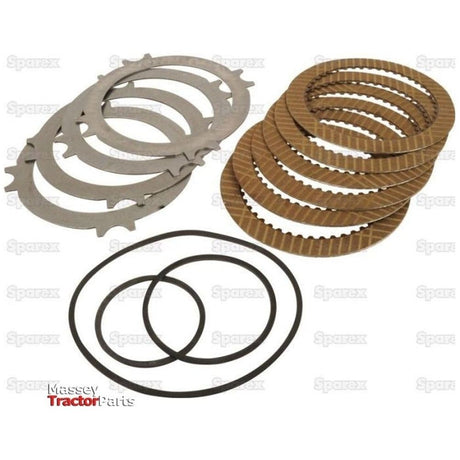 A set of metal and cork clutch plates with rubber gaskets, labeled Massey Tractor Parts and Sparex in the background, alongside a Sparex Torque Amplifier Kit (Sparex Part No.S.56953).