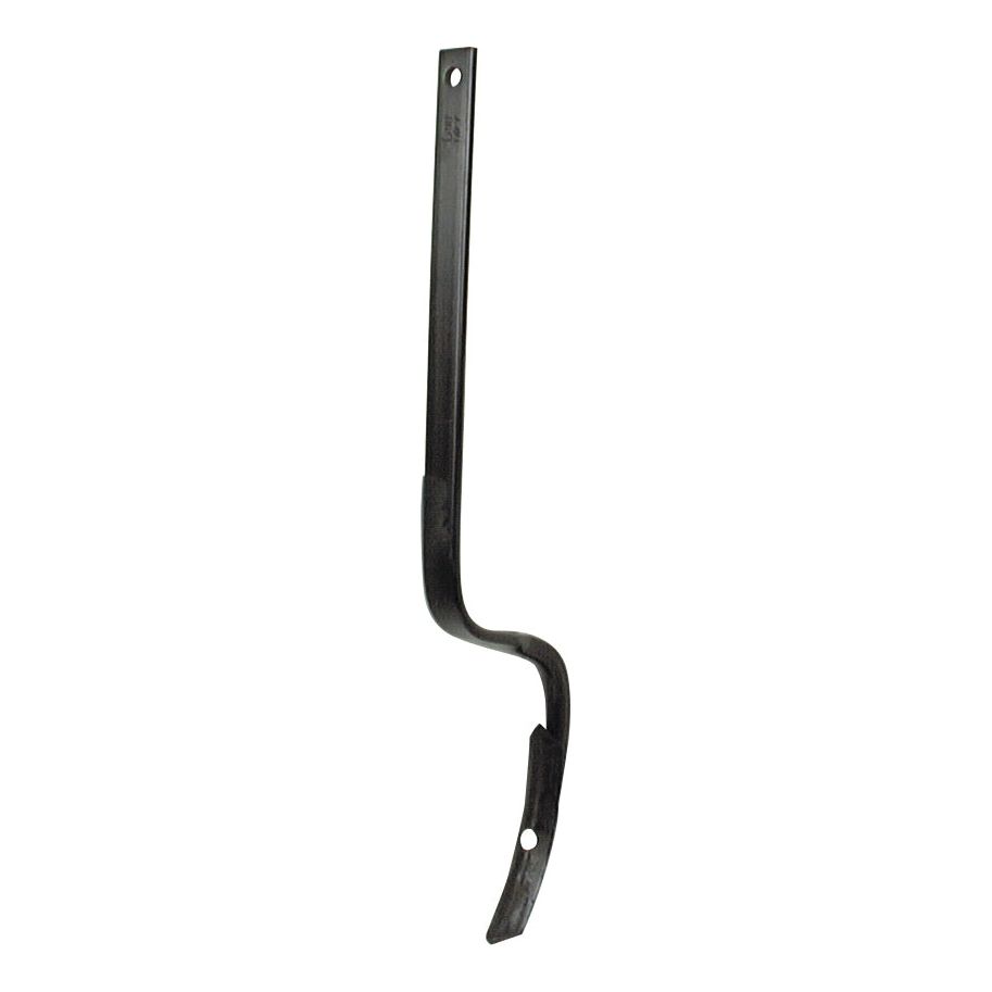 The Track Eradicator Tine Rear Facing Tine from Sparex (Part No. S.78207) is a black metal tool with a 32mm x 10mm flat handle, a curved middle section, and a sharp pointed end, featuring two holes for mounting or attachment, ideal for Universal Tractors. The tine measures 695mm in length.