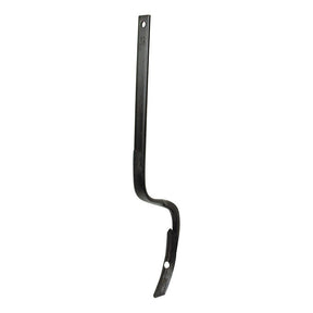 The Track Eradicator Tine Rear Facing Tine from Sparex (Part No. S.78207) is a black metal tool with a 32mm x 10mm flat handle, a curved middle section, and a sharp pointed end, featuring two holes for mounting or attachment, ideal for Universal Tractors. The tine measures 695mm in length.