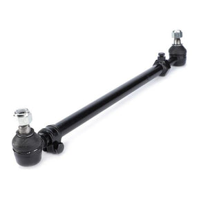 The Massey Ferguson - Track Rod Bar - 886800M92 from AGCO, a black automotive tie rod with metal joints on both ends, suitable for Massey Ferguson tractors, is shown on a white background.