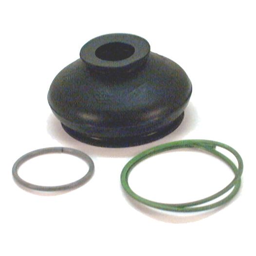 The Track Rod End Rubber Boot - S.31485 by Sparex, a black rubber part, is positioned next to two rings, one gray and one green, arranged on a white background. Suitable for various applications, these components exhibit high durability and precision.