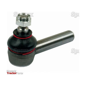 Close-up of a Sparex Track Rod, Length: 100mm - S.57892, featuring silver M14 x 1.5 threading and a spherical joint encased in a black rubber housing. The rod end is equipped with a hex nut and bears the label "Made in Italy." The Sparex branding is visible in the background.
