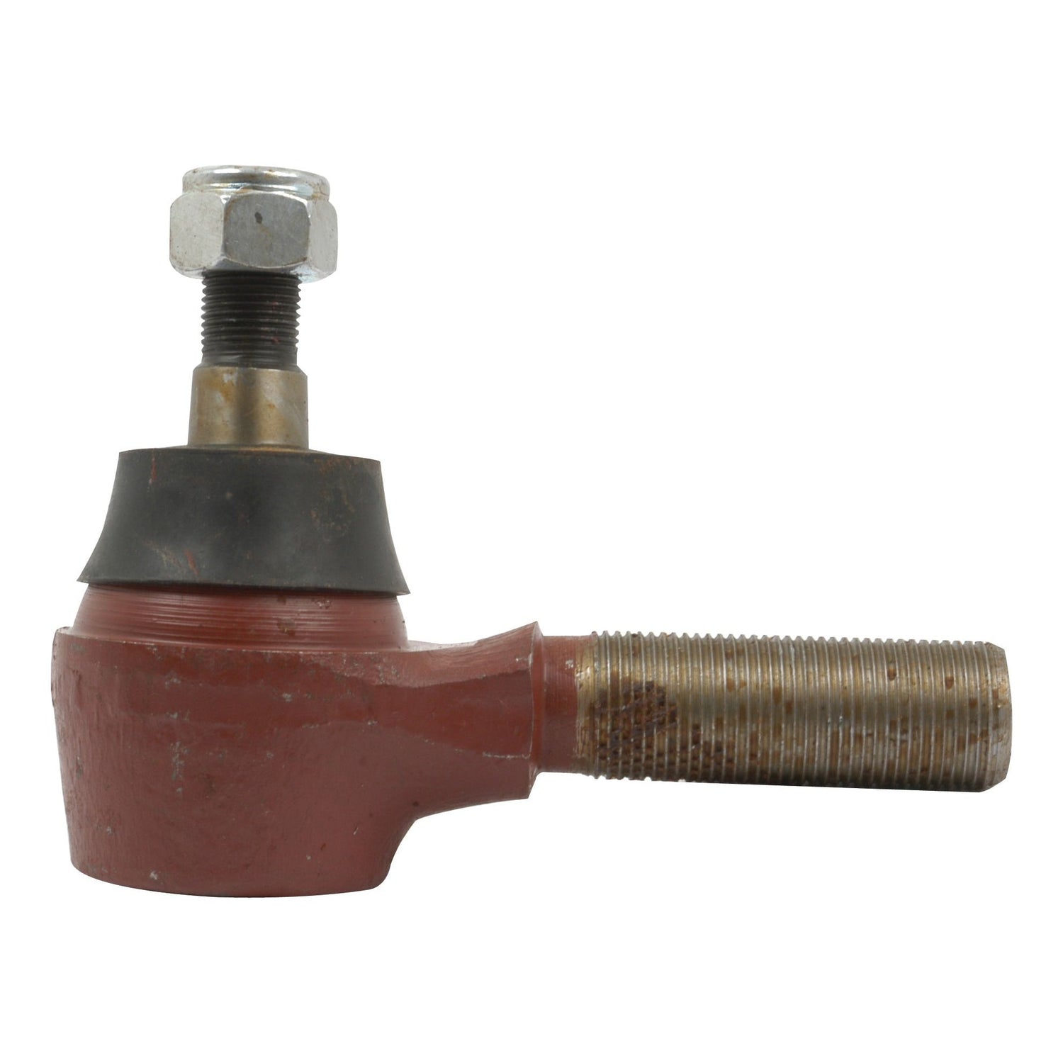 Close-up of the Sparex Track Rod - S.71279, featuring a red metallic body, black rubber seal, threaded bolt on top, and an M27 x 2 RH male thread with a straight shaft extending horizontally. Ideal for automotive applications.