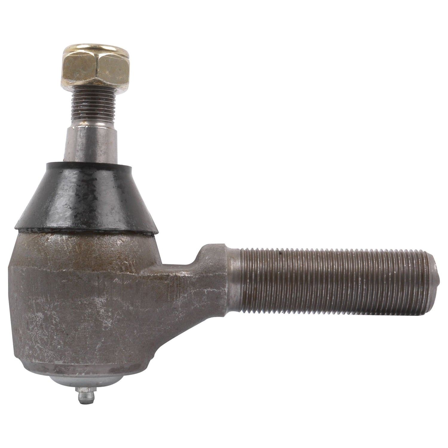 Close-up of a Sparex Track Rod, Length: 135mm (S.64868) featuring an M27 x 2 LH metal ball joint with a threaded stud and hexagonal nut. Typically used in automotive suspension systems, the male thread-straight joint is equipped with a protective rubber boot on the tapered end.