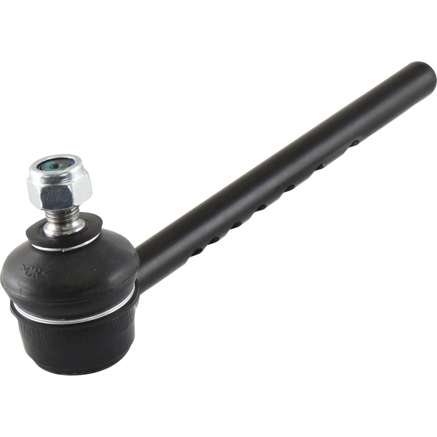 Close-up image of the Sparex Track Rod, S.40165, with a black finish and a length of 200mm, featuring a threaded stud on one end and a long cylindrical arm with multiple holes along its length for secure attachment via the inner side thread.