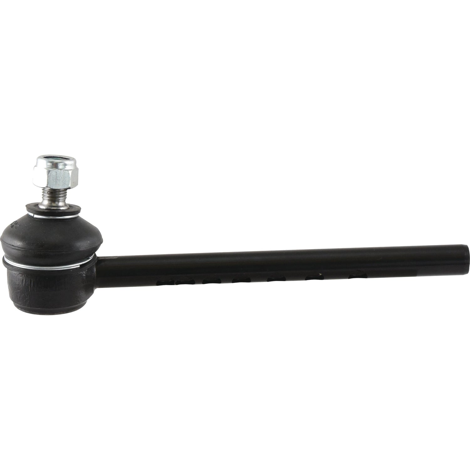 A Sparex Track Rod, 200mm in length (S.40165), featuring an inner side thread with a metal car tie rod end, showcases a black shaft and a silver nut at the top, set against a white background.