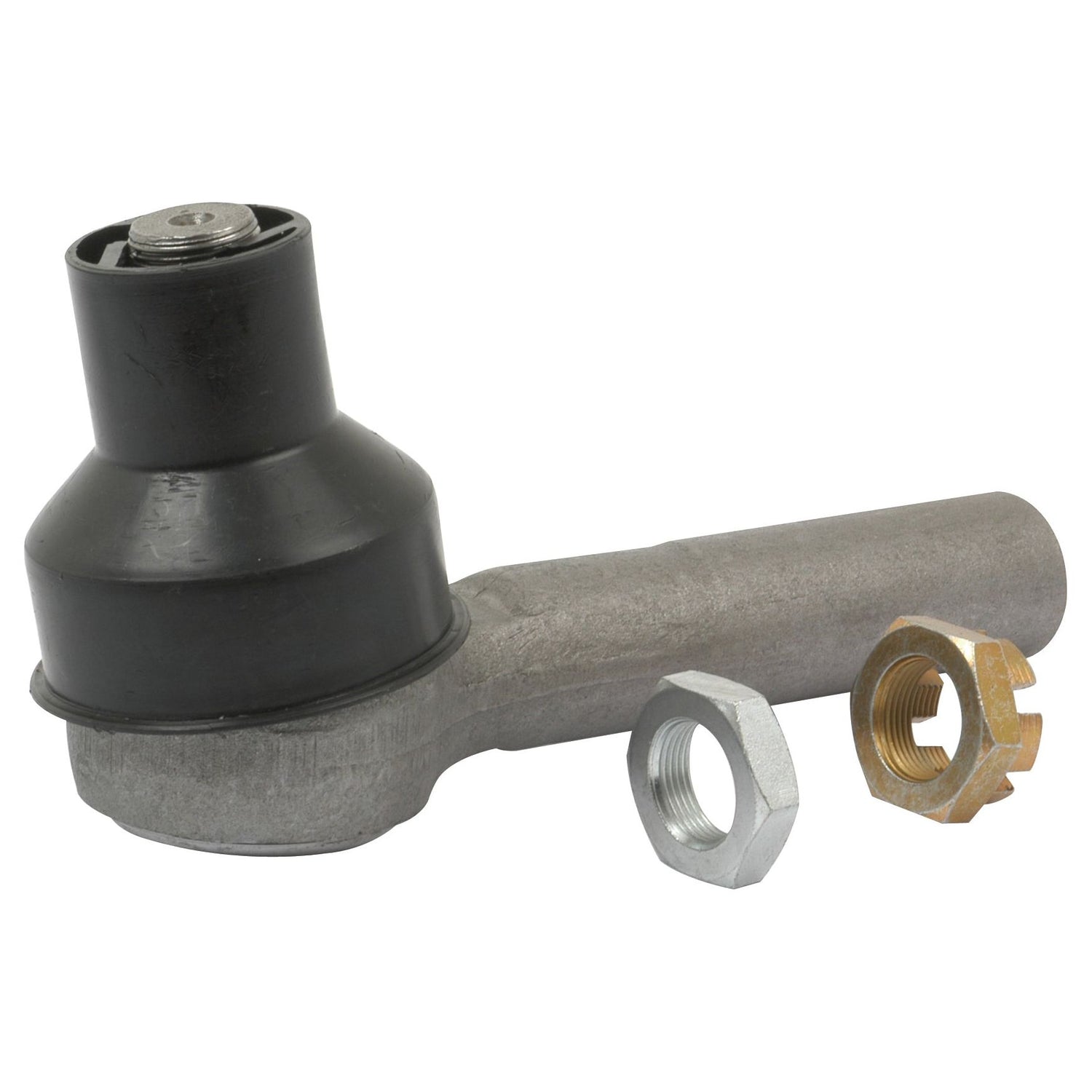 The Sparex Track Rod - S.70603, a 200mm metal automotive part featuring a black top and M24 x 1.5 female thread end, comes with two nuts: one silver and one bronze.