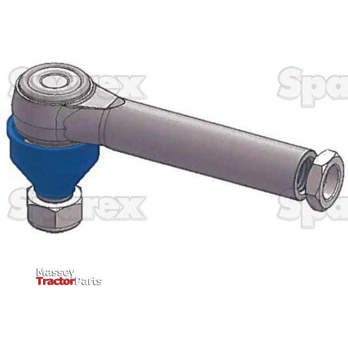 Illustration of a Track Rod, length 218mm - S.148753 with the logo "Massey Tractor Parts" and the background text "Sparex". The tie rod is gray and blue with a metal hex nut on one end, suitable for AL209601 John Deere models.