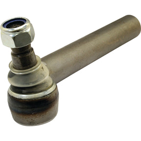 Close-up of a metal automotive part, specifically a Sparex Track Rod, Length: 260mm - S.21188. The component is cylindrical with a female threaded end and a spherical joint encased in a protective cover.