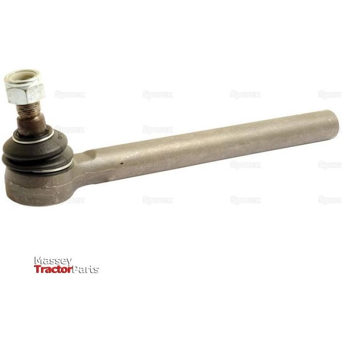A metal tie rod end part with a female thread, threaded bolt, and rubber seal. It is labeled "Track Rod, Length: 295mm - S.111042" and compatible with Massey Tractor Parts by Sparex.