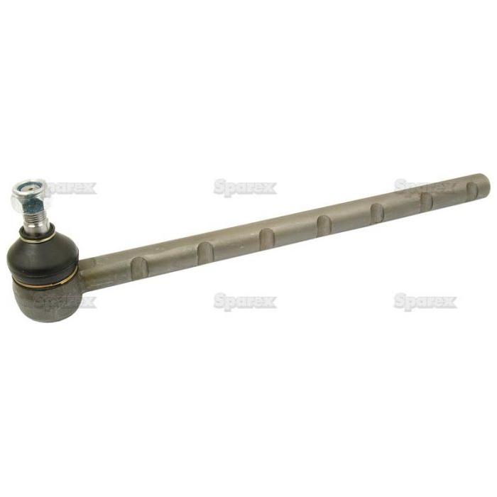 The Sparex Track Rod, S.65059, is a 395mm metal component featuring a cylindrical joint on one end and a long rod with notches and precise threading on the other.
