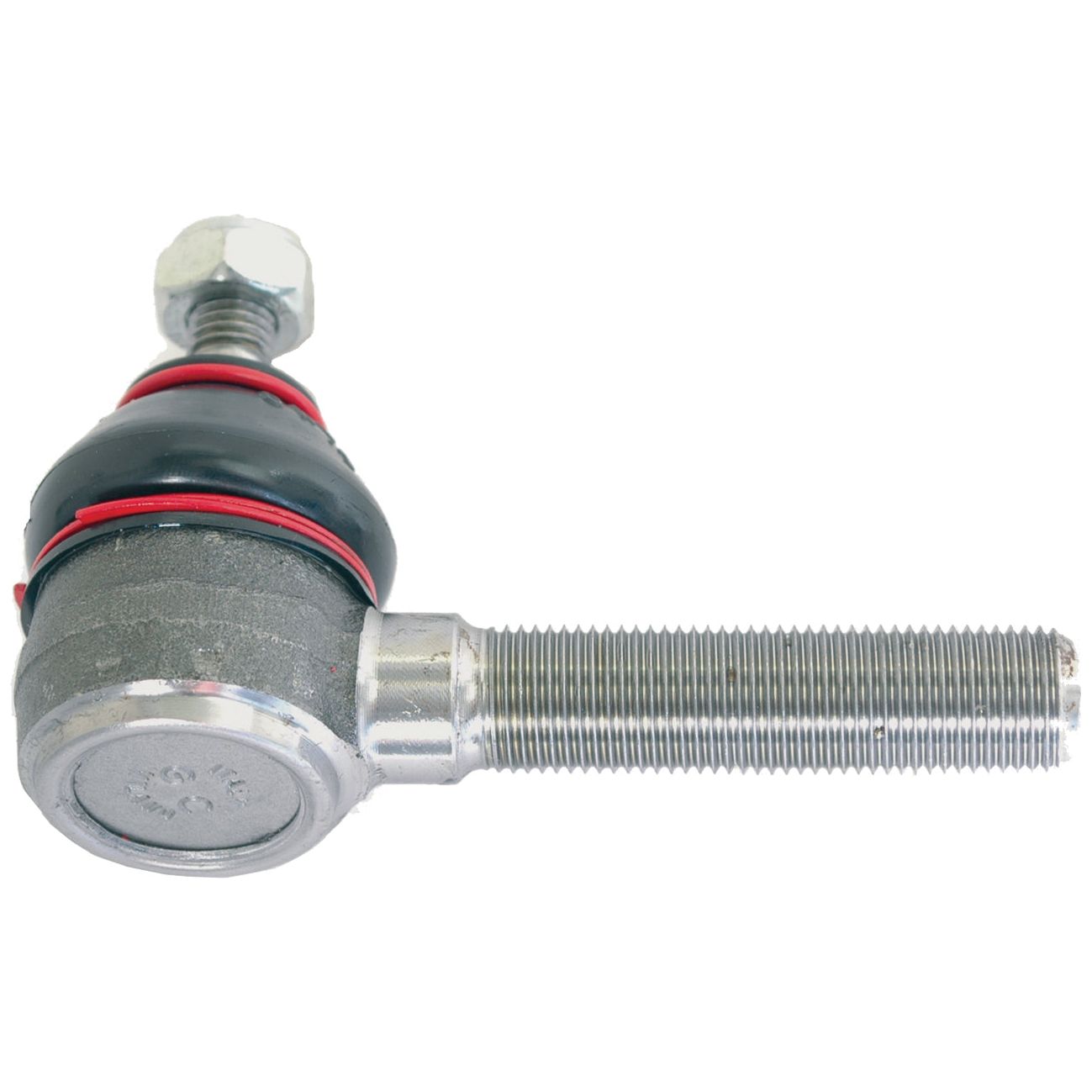 The Sparex Track Rod (S.30272), measuring 90mm in length, features a cylindrical threaded rod on one end and a spherical bearing housed in black and red rubber on the other, all set against a white background. This metal ball joint is ideal for various mechanical applications and includes detailed manufacturing information.
