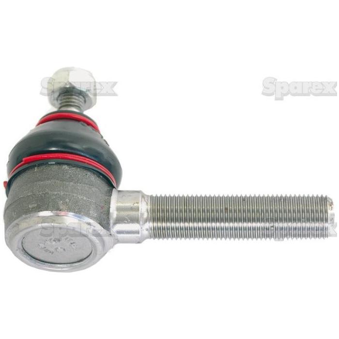 Close-up view of the Sparex Track Rod, Length: 90mm - S.30272, featuring a metal ball joint with a threaded rod and a black rubber seal. Specifically designed for mechanical or automotive applications, this versatile component meets all manufacturing standards.