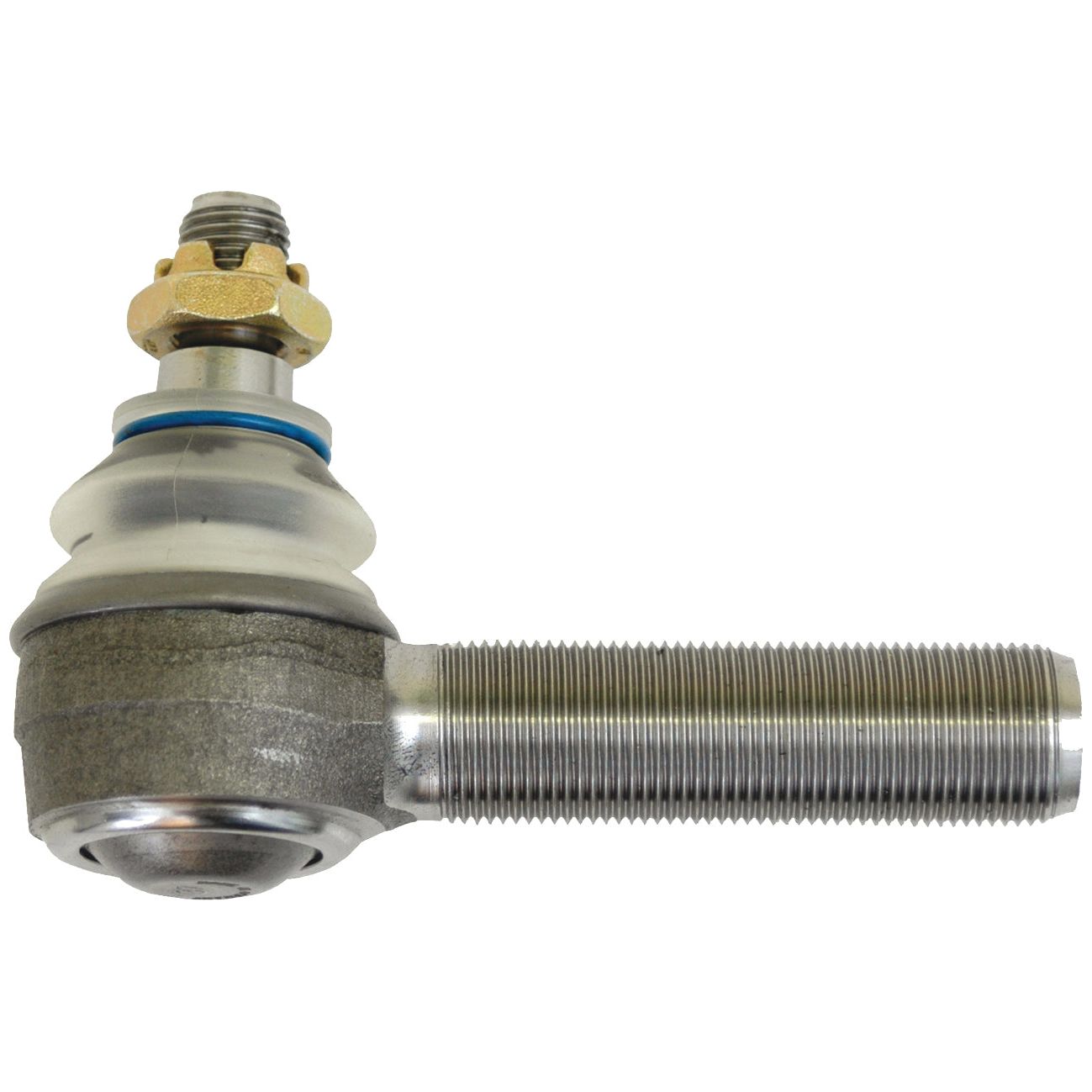 Close-up of the Track Rod (95mm - S.34621) with a threaded rod, designed for automotive use. Ideal for Fendt FARMER 2 tractors, it includes a locking nut and a rubber seal. The straight male thread ensures secure attachment. Genuine Sparex component for enhanced durability.