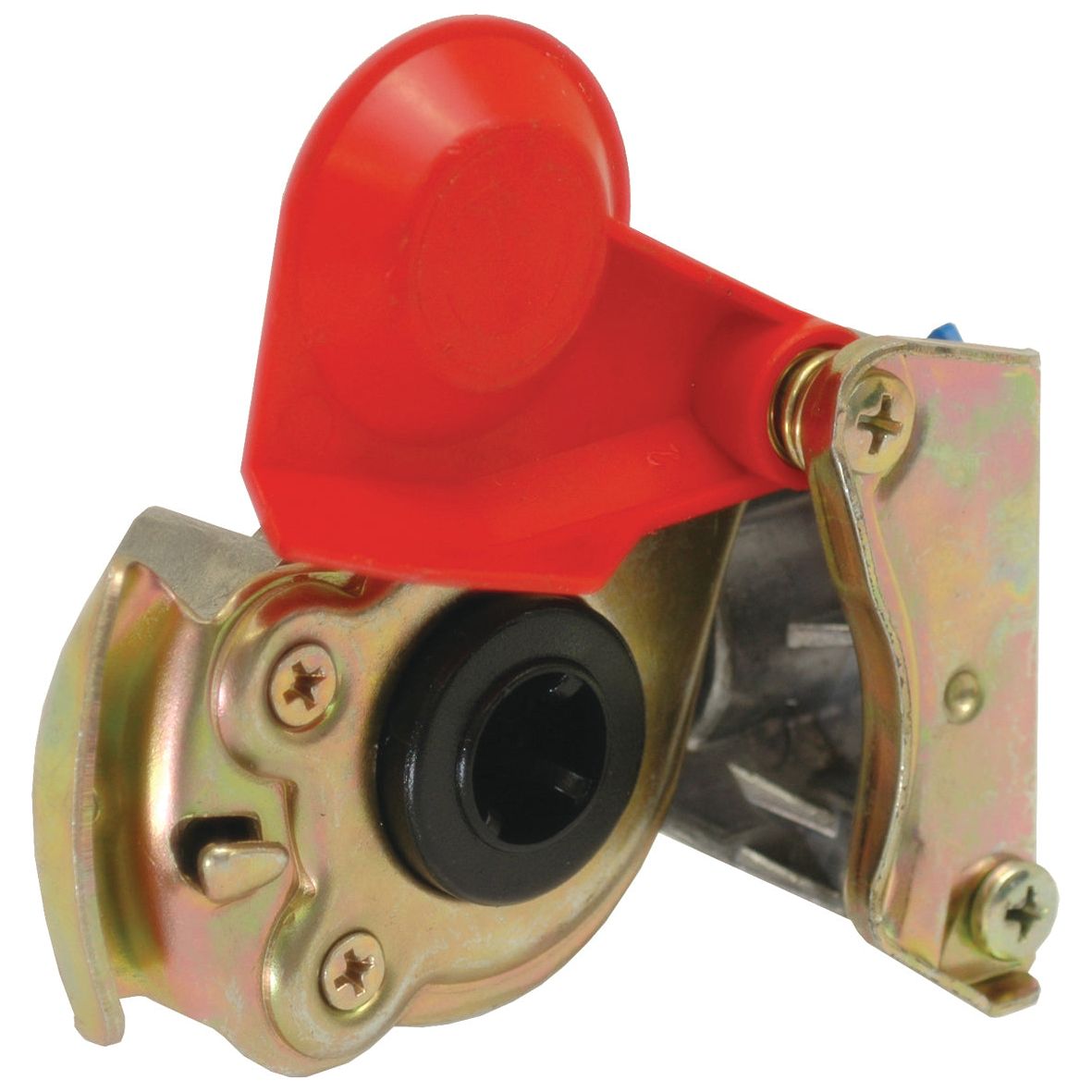 The Tractor Air Brake Coupling, Sparex Part No. S.35735, is a metal mechanical component with an M16 x 1.5mm thread and a red plastic lever with valve, ideal for use in Sparex applications.