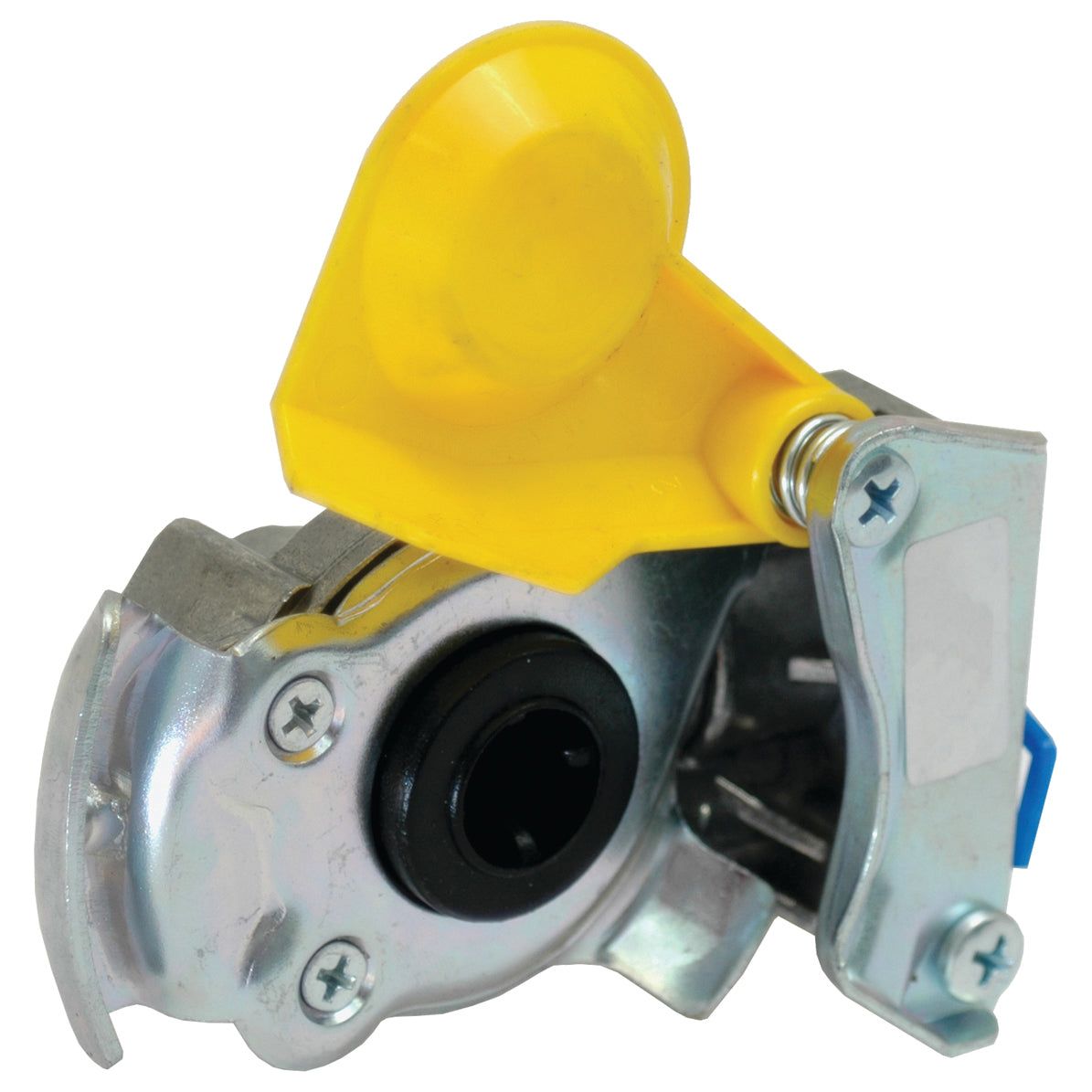 Sparex Tractor Air Brake Coupling (Part No. S.35736) featuring a metallic body with a yellow valve lever, two screws, and a cylindrical black opening in the center, mounted on a metal base.