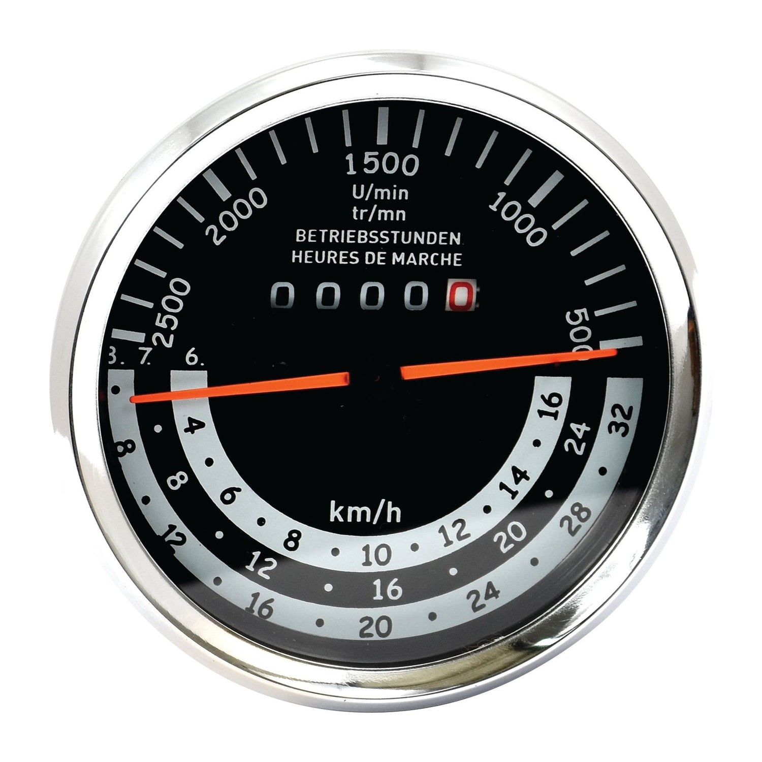 Close-up of the Tractormeter (KPH) by Sparex, Part No. S.103301, featuring a circular speedometer with a black face, white numbers, and red needles indicating speed in km/h. The display currently reads 00000. Perfect for vintage International Harvester or Case IH restoration projects.