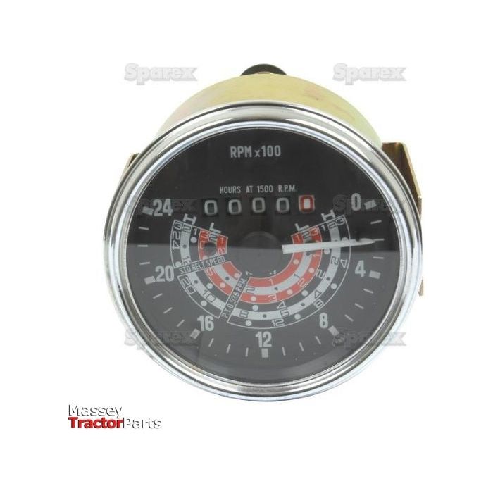 A round tachometer gauge, Sparex Part No. S.41068, with RPM readings up to 2500, an hour meter display, and a Massey Tractor Parts logo in the bottom left corner. Compatible with both diesel and petrol engine models from Massey Ferguson.