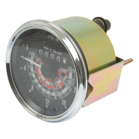 A round Sparex Tachometer (KPH) with a black dial featuring multiple markings and a shiny metal casing. This Sparex Part No.S.41070 measures RPM, includes an hour meter, and is perfect for Massey Ferguson tractors with a Tacho Drive Ø and Fitting Ø.