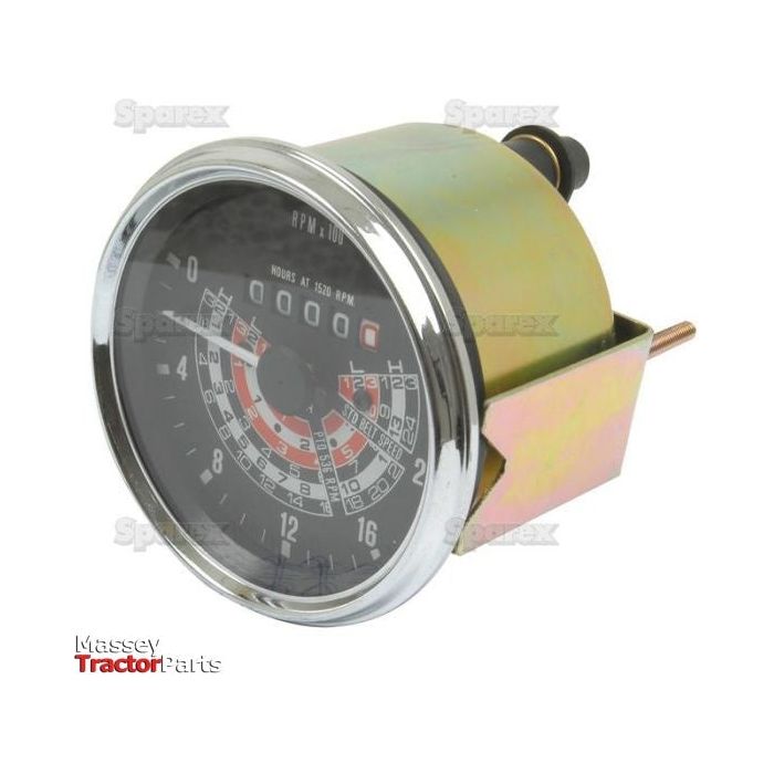 The Sparex Tachometer (KPH), Sparex Part No. S.41070, features a round design with a black face, red and white markings, and a metal casing. The Massey Ferguson Tractor Parts logo is prominently displayed in the lower left corner. Its fitting diameter and tacho drive diameter ensure compatibility with various models.