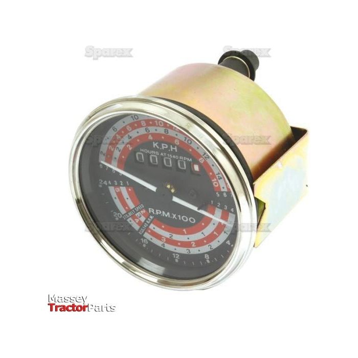 A round Tractormeter (KPH) with a black dial, red and white markings, and a numeric display. It shows speed in KPH and RPM. The gauge is branded "Sparex," compatible with Massey Ferguson models, and has a metallic back. Sparex Part No.S.41079.