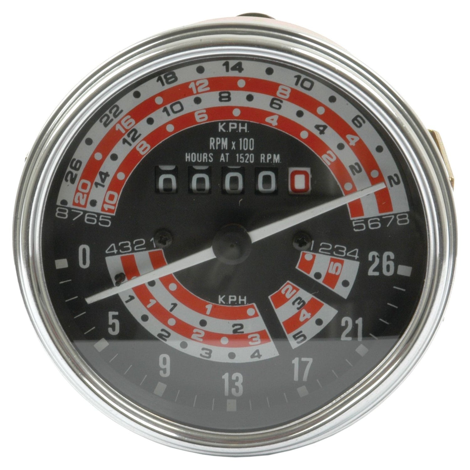 A detailed view of the Tractormeter (KPH) by Sparex, Part No. S.41083, showcases a vintage black dial with red and white markings for kilometers per hour (KPH) and engine revolutions per minute (RPM), reminiscent of classic Massey Ferguson tractor instrumentation.