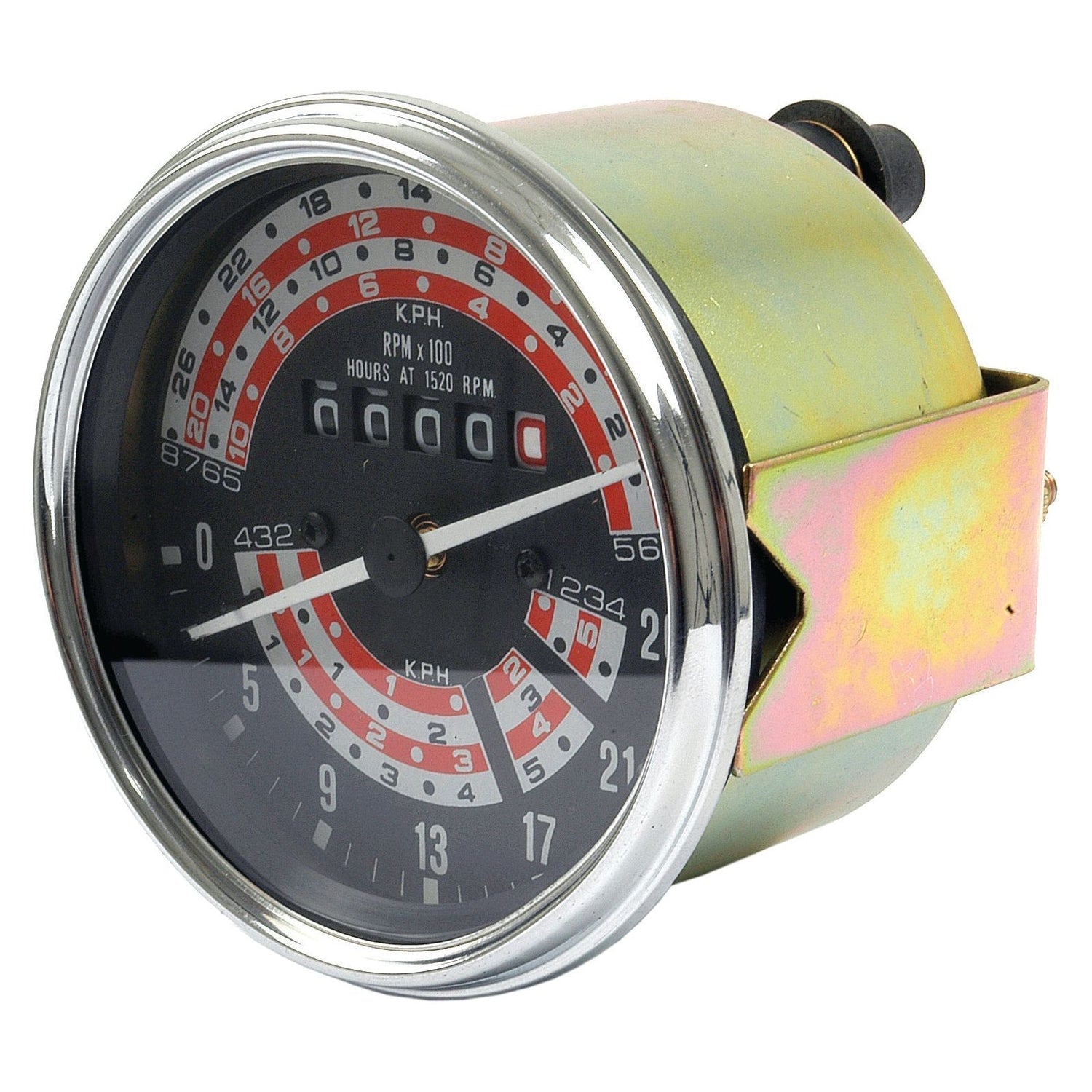 Close-up of the Sparex Tractormeter (KPH) in a cylindrical metal housing, displaying kilometers per hour (KPH) and revolutions per minute (RPM). The Tacho drive device features a colorful, multi-ringed face and a central digital counter, perfect for Massey Ferguson models and available under Sparex Part No. S.41083.