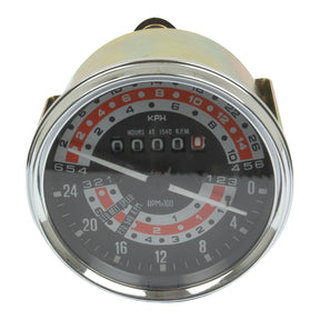 The Sparex Tractormeter (KPH) | Sparex Part No.S.41090 is a versatile circular tachometer gauge with an integrated hour meter, marked with RPM speeds and hours at 1540 RPM, labeled "Sundial Speed." Featuring convenient screw terminals, it is the perfect accessory for Massey Ferguson models.