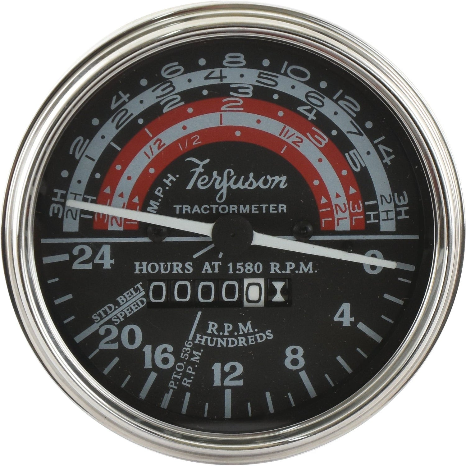 A round Sparex tachometer, part number S.42754, displaying hours and RPM, with a mix of white, red, and black markings on its face. The dial reads "Hours at 1580 RPM," perfect for your Massey Ferguson tractor.