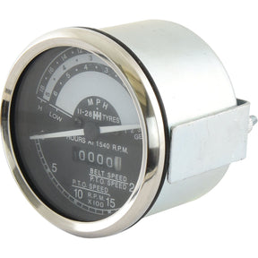 A mechanical tachometer with a chrome casing, compatible with Sparex and International Harvester models, displaying measurements in KPH. The gauge indicates zero across all metrics (Sparex Part No. S.58797).