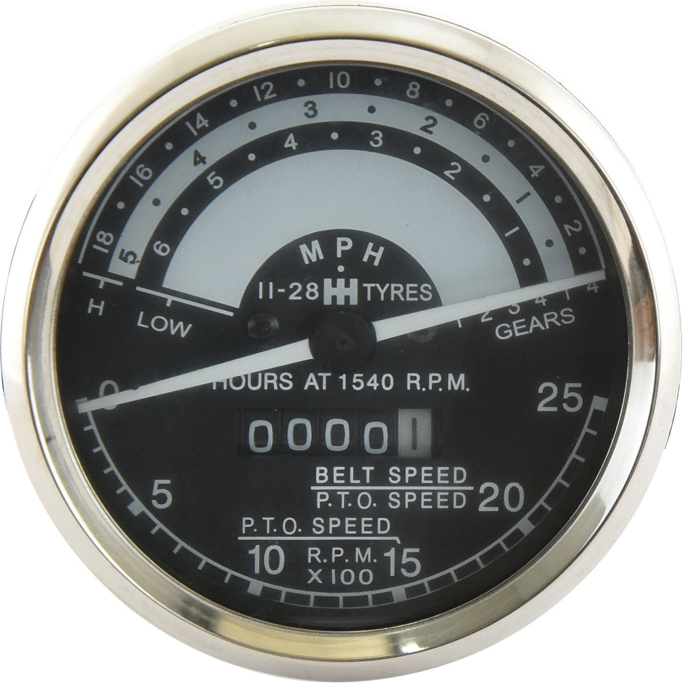 Close-up of a Sparex analog tachometer (S.58797) displaying speed in kph, with additional indicators for hours at 1540 RPM, belt speed, PTO speed, and RPM x100. The needle is pointing to zero on this Case IH dashboard.