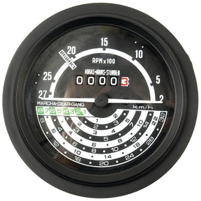 The Sparex Tachometer (KPH) | Sparex Part No. S.75805 is a round mechanical gauge with multiple concentric measurement scales, including RPM, hours, and speed in km/h marked from 0 to 27, with a zero reading at the center. It is compatible with John Deere models and references Sparex part number AL30800.