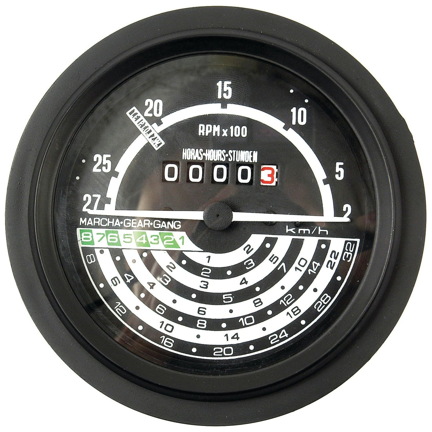 A circular analog gauge displaying RPM x 100, hours, and speed in km/h with multiple dials and indicator labels in black, white, and green. Designed for John Deere models with part number AL30800 or compatible with Sparex parts. Product Name: Tachometer (KPH) | Sparex Part No.S.75805; Brand: Sparex.