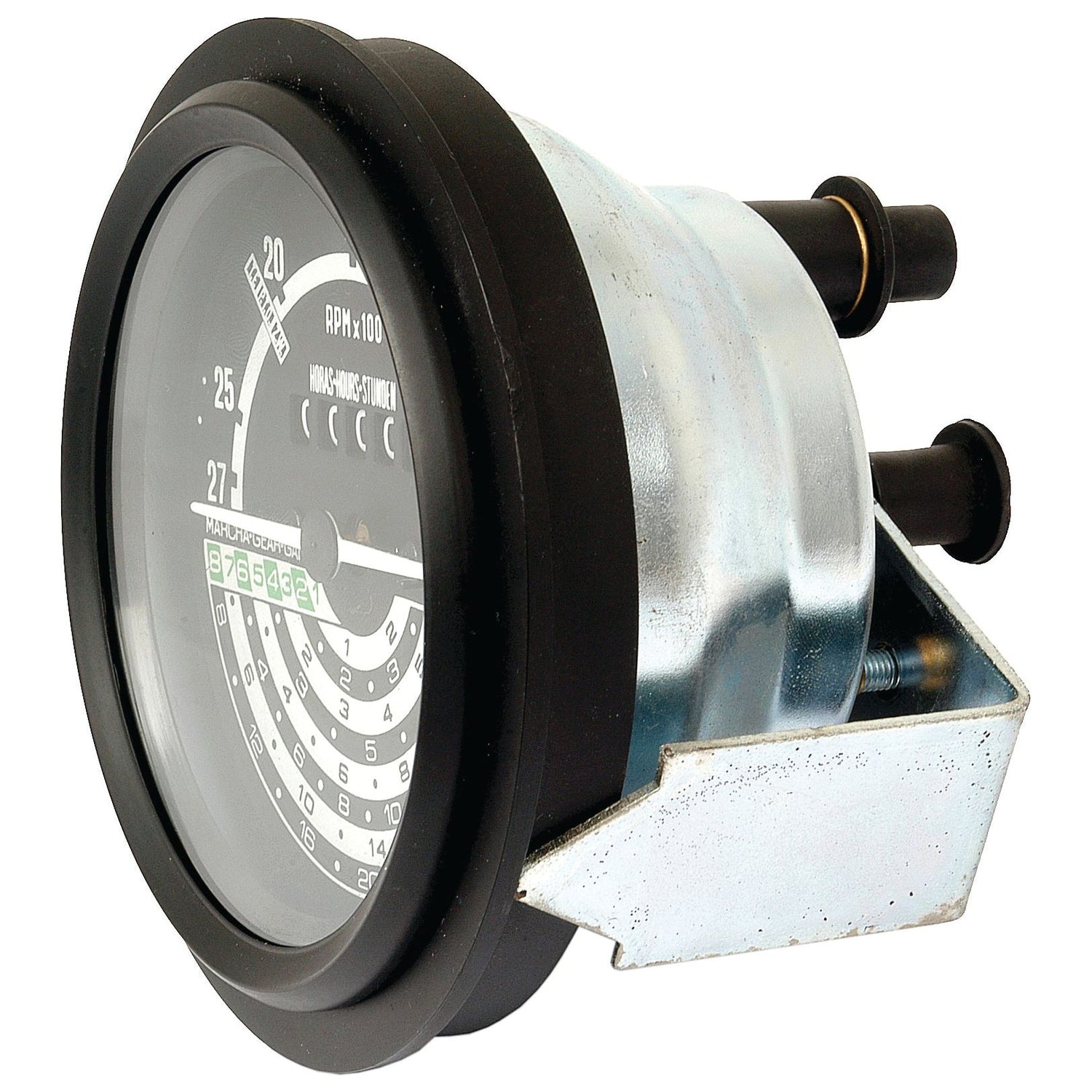 Analog mechanical tachometer with a circular face, black casing, and an attached mounting bracket. The dial displays speeds in RPM x10 with a needle indicator and two protruding connectors at the rear. Compatible with John Deere models, this Sparex Tachometer (KPH) | Sparex Part No.S.75805 ensures accuracy and durability for reliable performance.