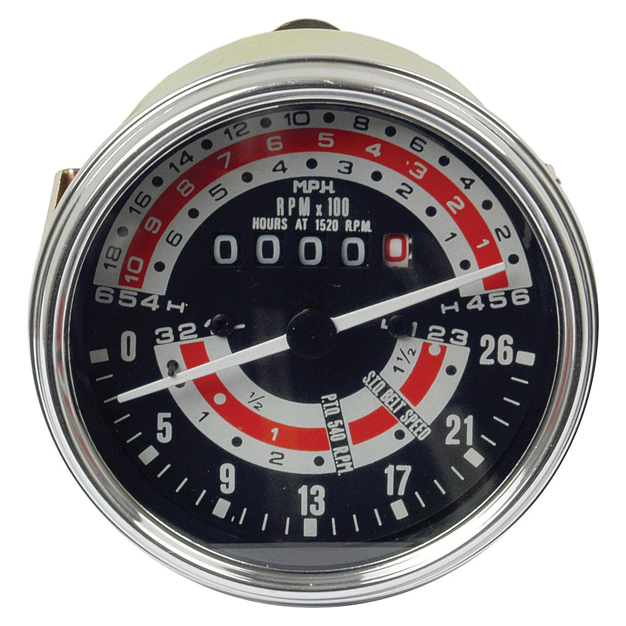 The Sparex Tractormeter (MPH) (Sparex Part No.S.41088) is a round, black automotive gauge with a chrome rim that displays speed in miles per hour and revolutions per minute, featuring white and red numbers and marker lines. It reads "RXL 41000 RPM" and is compatible with Massey Ferguson models, offering precise measurements through its screw & tacho drive mechanism.