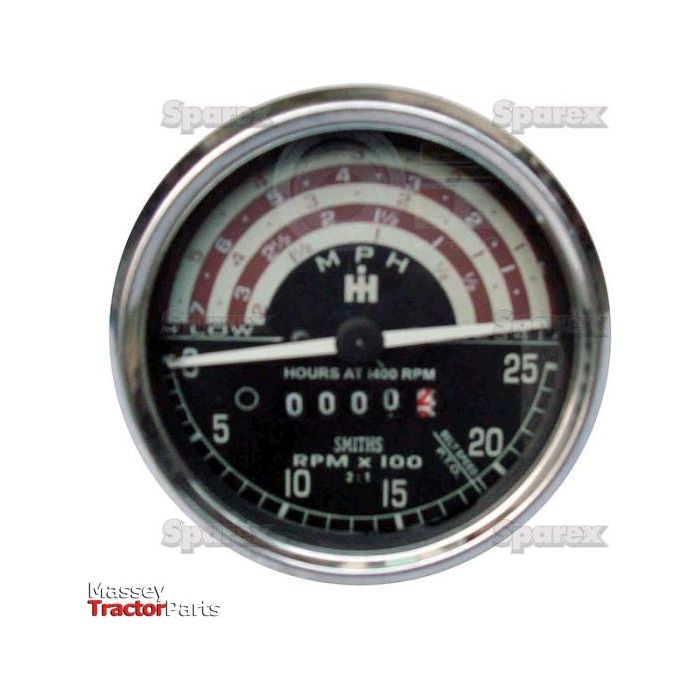Close-up of a circular tachometer, branded Sparex, displaying speeds in miles per hour and RPM. The device has a silver rim and a black background with white and red markings, named Tachometer (MPH) with Sparex Part No. S.58796.