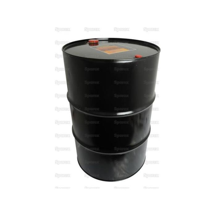 A black industrial drum with a closed lid and two red plugs on top, ideal for storing Traffic Film Remover GP, 200 liters by Sparex (Part No. S.105917), used in the exterior cleaning of commercial vehicles.