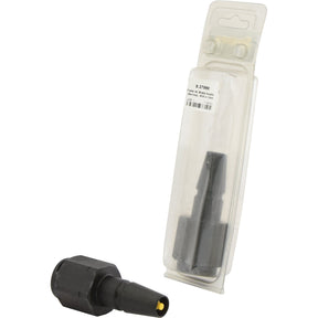 A black Trailer Air Brake Coupling, Male (Service) M16 x 1.50mm (Sparex Part No. S.27868), next to its clear plastic packaging. The packaging has a label with a barcode and some text, detailing its use as a reliable Sparex trailer air brake coupling.