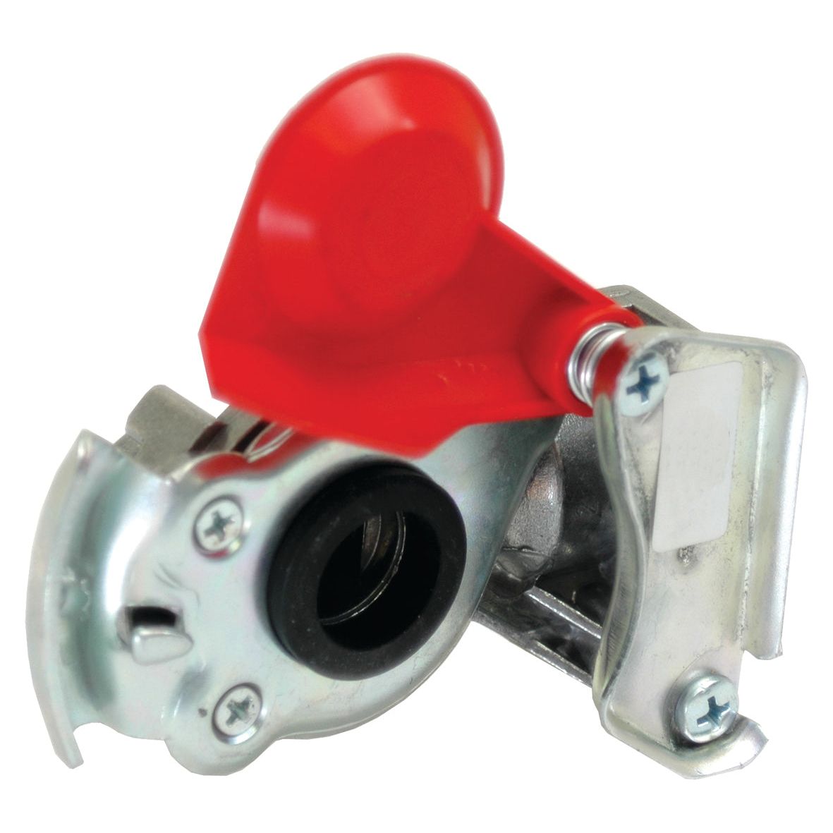 Introducing the Sparex Trailer Air Brake Coupling (Part No. S.35731): a robust silver metal hinge mechanism featuring a vibrant red latch, circular valve, and secured efficiently with M16 x 1.5mm screws.