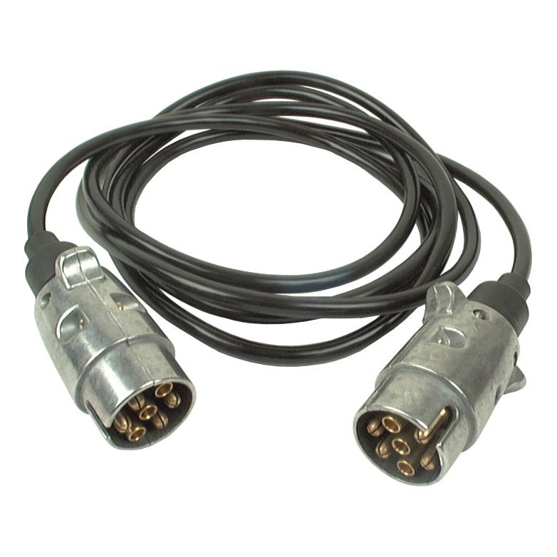 The *Trailer Board Extension Lead x 3m - S.5680* by Sparex is a coiled black metal cable equipped with two identical round connectors, each featuring a 7-pin plug. Ideal for replacements or specific applications, this product ensures reliable performance.