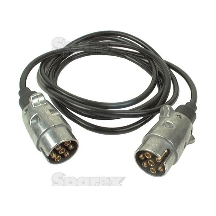 The Trailer Board Extension Lead x 3m (S.5680) by Sparex is a black coiled cable featuring metal connectors on both ends, each equipped with several pins for reliable electrical connections, making it an ideal fit for a variety of uses with its 7 pin plug.
