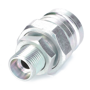 Close-up of an AGCO Massey Ferguson Trailer Brake Coupler (product code: 3581307M3) with a threaded male end, commonly used in Massey Ferguson tractor parts. The component features a hexagonal nut for tightening and is compatible with models from the 1000 Series.