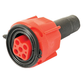 The Trailer Harness Plug (Red), Sparex Part No. S.26632, is a cylindrical red and black plastic connector featuring multiple pinholes on one end, essential for electronic assemblies. It is perfectly compatible with Sparex parts and categorized under Tariff Code 8536419089.