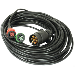 A Trailer Harness and Plug Connectors - S.26631 from Sparex is a coiled black cable featuring three ends: two smaller connectors (one red and one green) and one larger black connector with multiple pins, boasting Twin 8m Cables for extended reach.